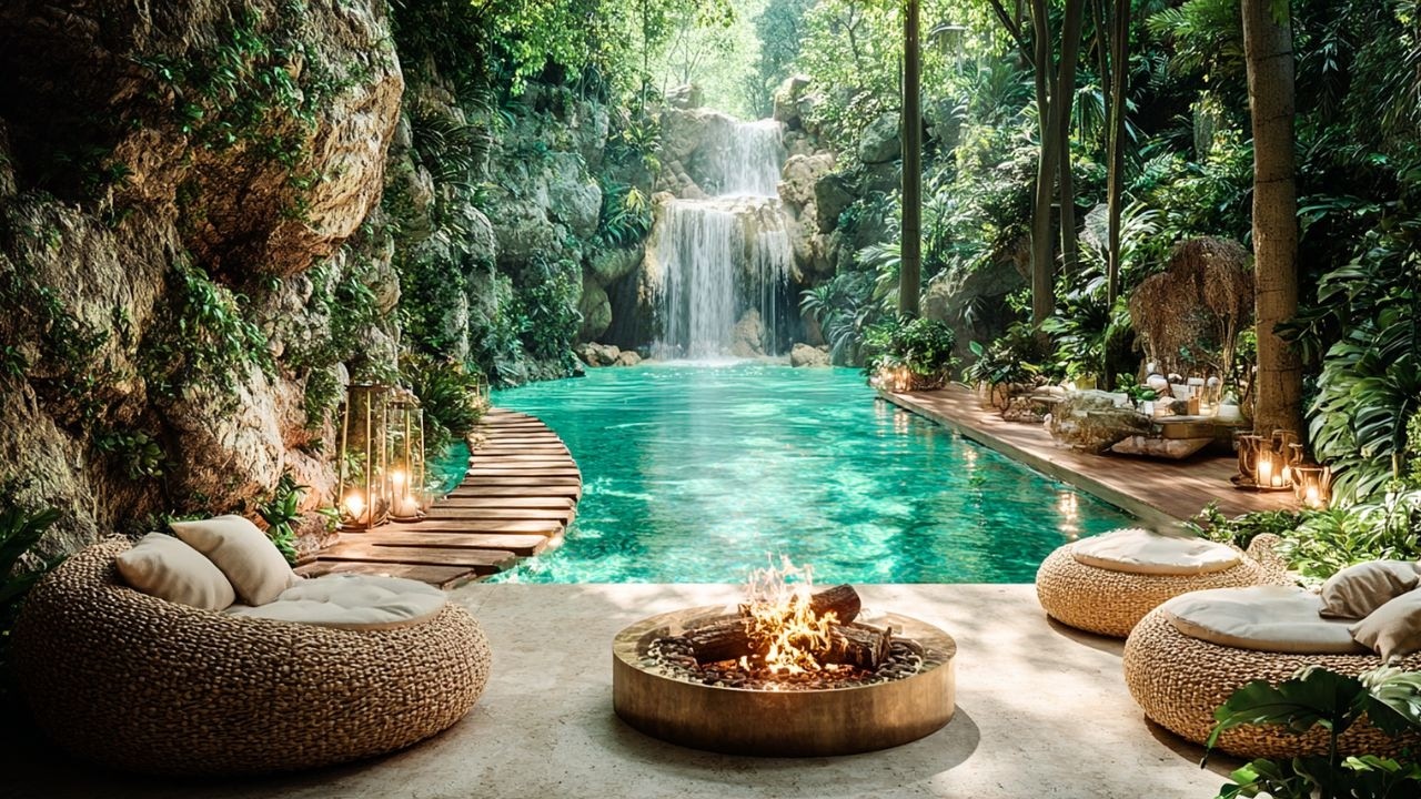 Jungle Waterfall Ambience 🌿 Firepit ASMR + Birdsong to Study, Sleep, Meditate