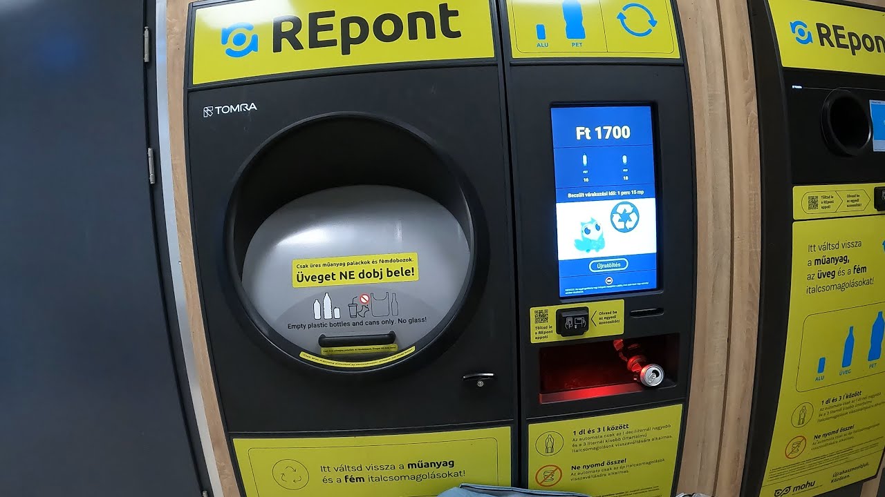 T&ouml;meges &ouml;mlesztett zs&aacute;kos (bulk-feed) MOHU REPont palack visszav&aacute;lt&oacute; automata R1 Pilisv&ouml;r&ouml;sv&aacute;r LIDL