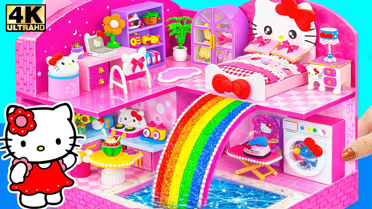 Build Hello Kitty House with Pink Bedroom, Washing Machine & Rainbow Slide Pool 🌈 DIY Mini House