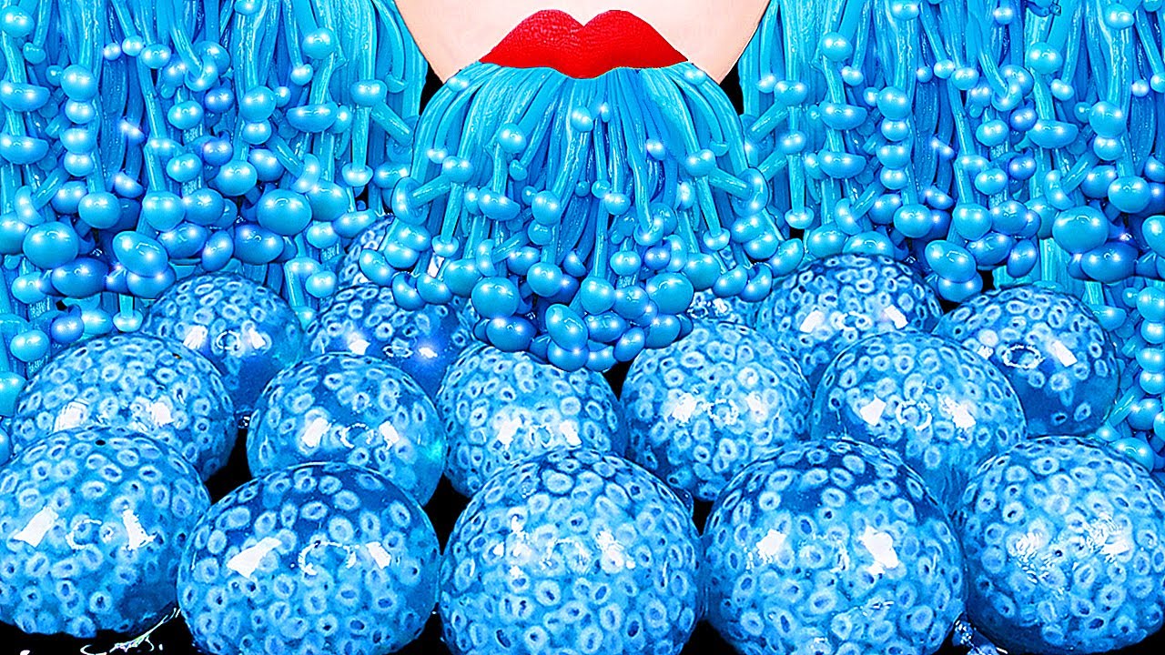 ASMR EATING BLUE ENOKI, FROG EGGS EDIBLE WATER BOTTLE, GIANT BOBA, VAMPIRE GLASS ASMR DRINKING 먹방