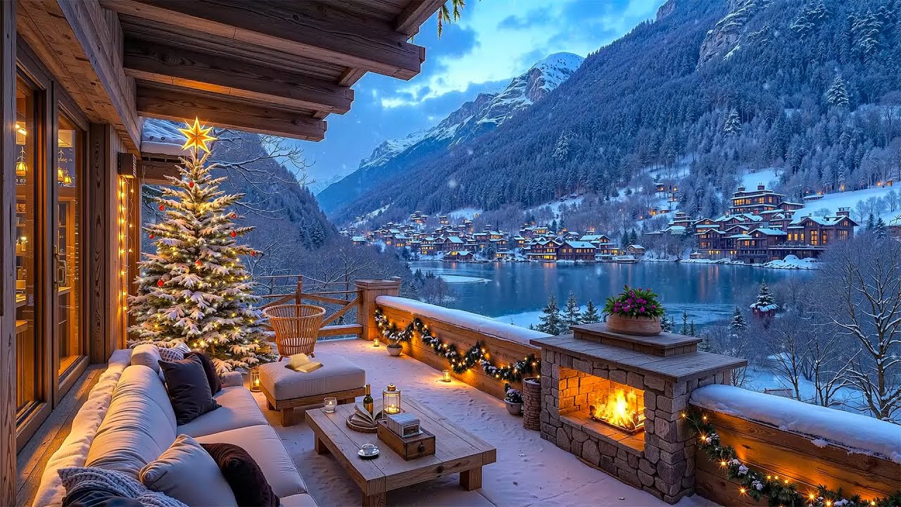 Tranquil Christmas Terrace: Smooth Jazz, Snowfall Genlte & Fireplace Warm for a Peaceful Holiday❄️