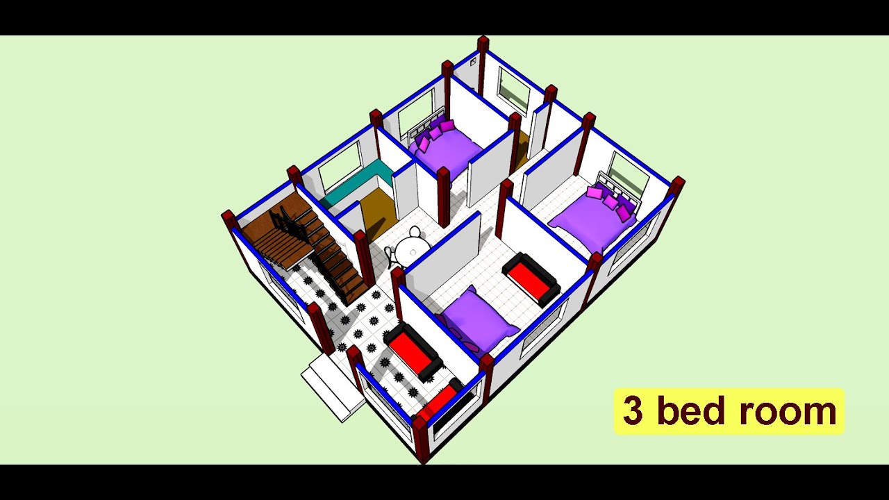 27 X 34 simple 3 bedroom house plan II 27 x 34 ghar ka design with 3 kamra II 3 bhk floor plan