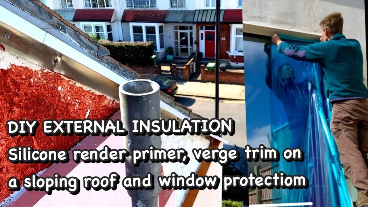 22. Priming render with topcoat, protecting windows and installing verge trim on a sloping roof