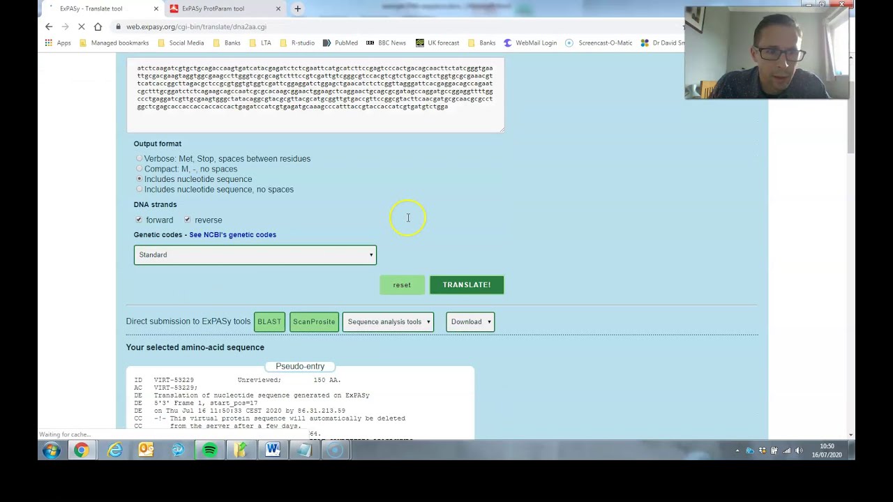 ExPASy translate tool and Protein Parameters