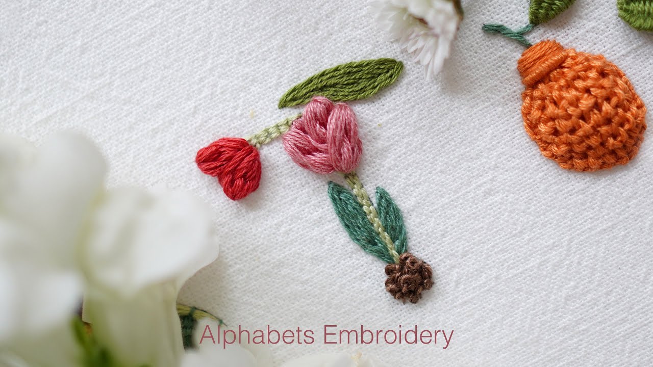 SUB] 튤립 자수🌷, 알파벳 'T' 프랑스 자수 'Tulip' Hand Embroidery, Alphabet 'T'
