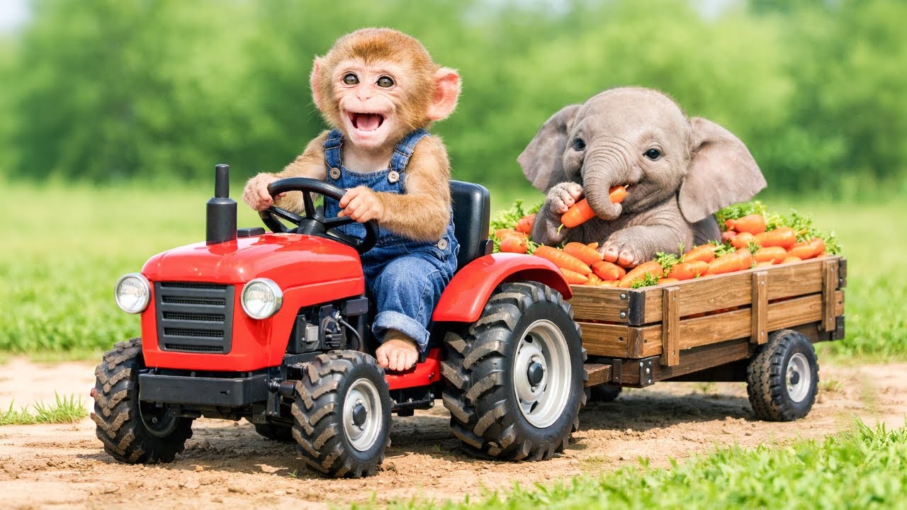 Monkey Farm Tractor Rescue The Brave Monkey Saves a Baby Elephant! - Monkey Farm Work