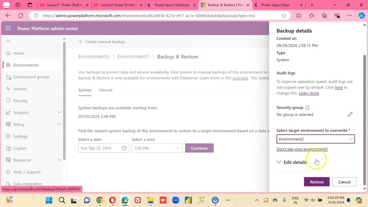 Lesson630 - BackUp Restore Environment - Restore Environment - Power Apps 1000 Videos