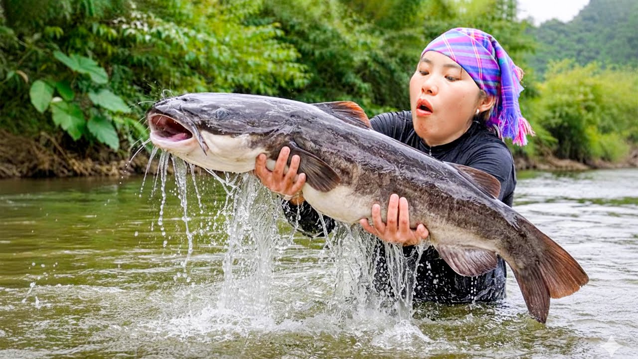 Single Mom Fishing Skill: How to Catch Giant Catfish in the River by Hand to Sell at Market