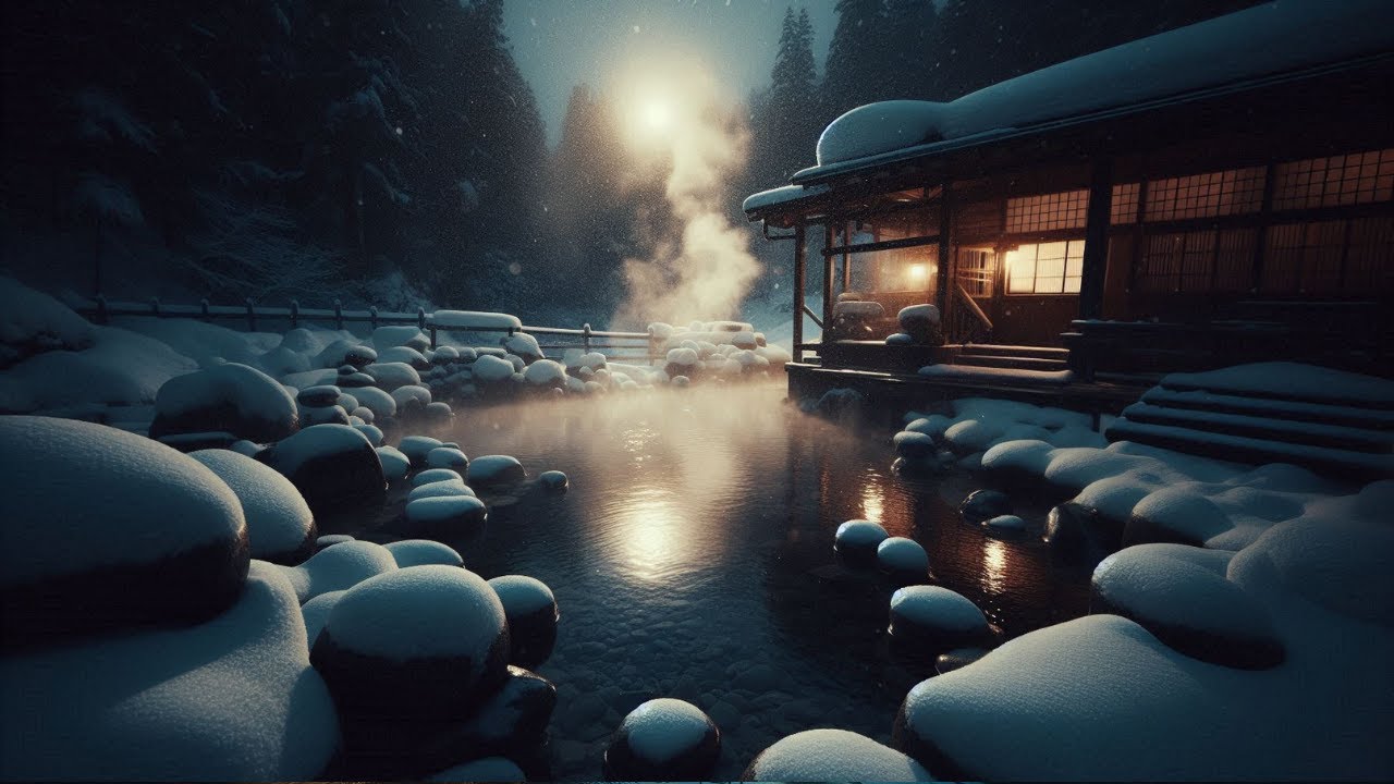 雪が舞う夜の露天風呂｜厳冬に溶ける和風BGM（10分）