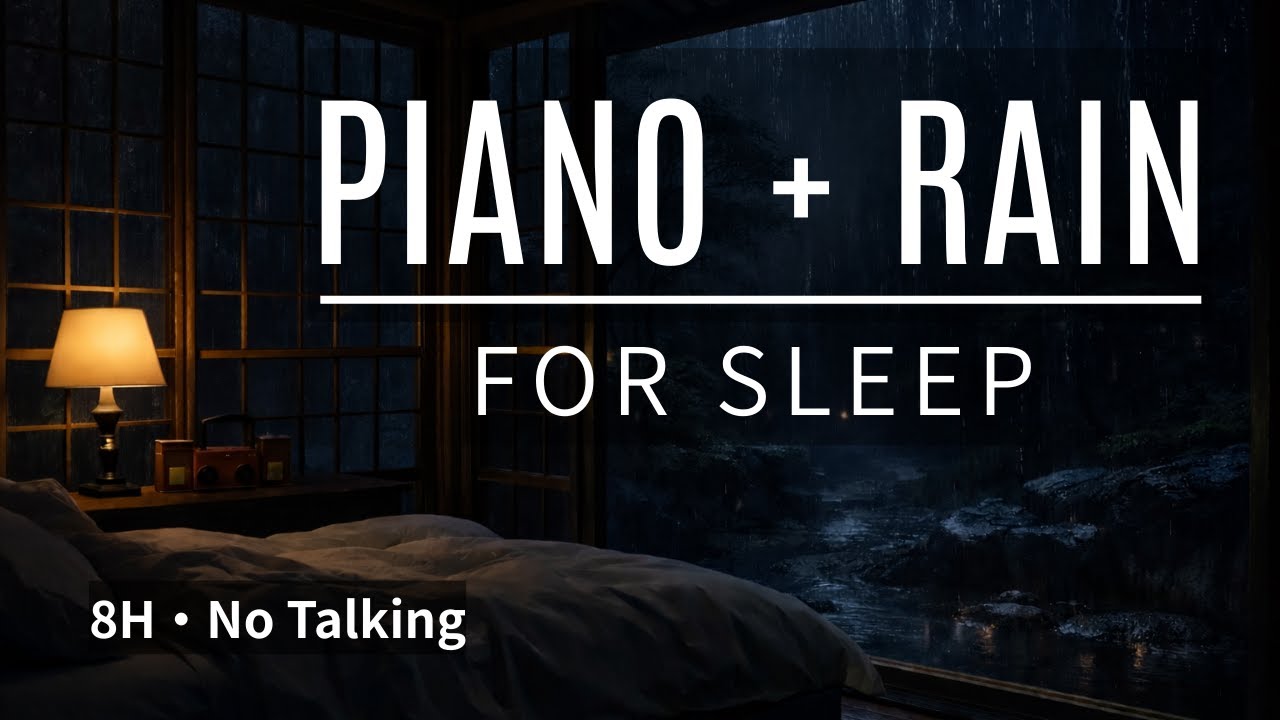 Deep Sleep Piano + Rain Sounds No Talking | 8 Hours — Cozy Cabin Bedroom
