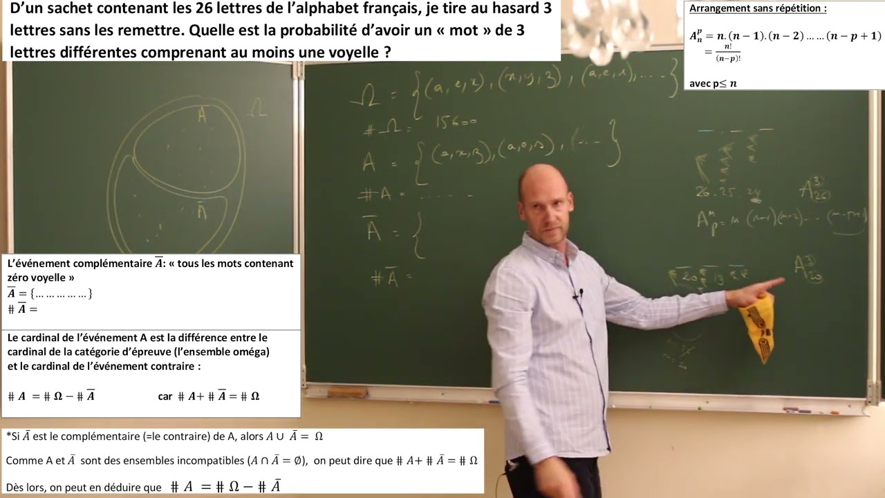Probabilité - Combinatoire - Mots de 3 lettres contenant au moins une voyelle - Ensemble - Kolmogoro