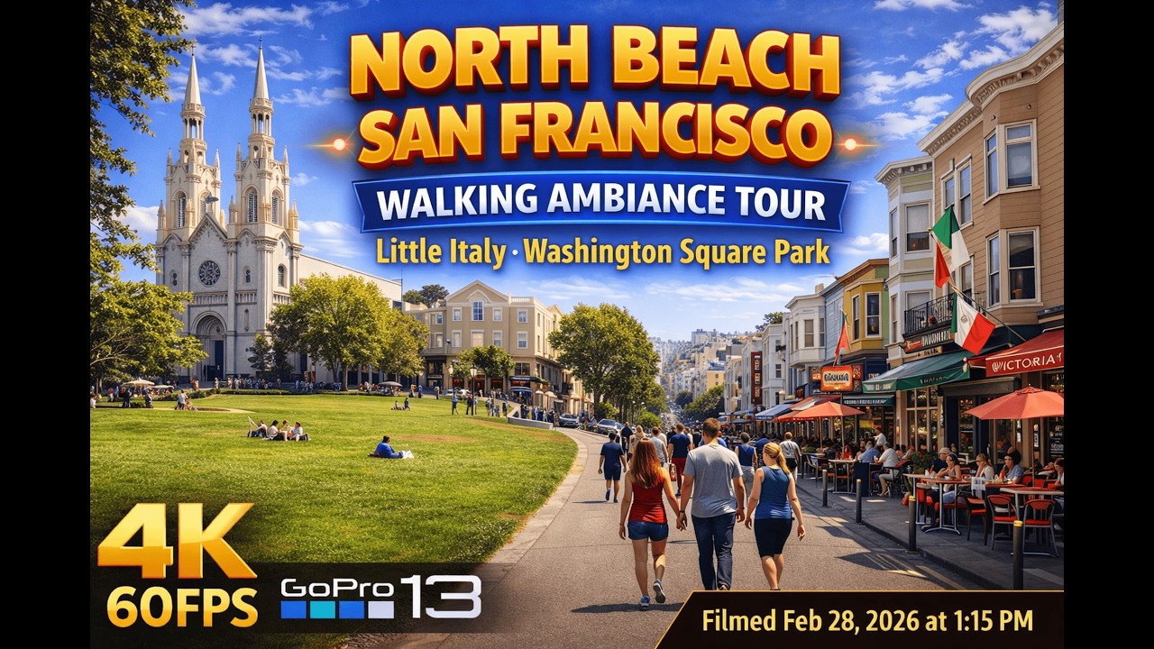 North Beach San Francisco Walking Ambiance Tour - Little Italy - Washington Square Park - 4K 60 FPS