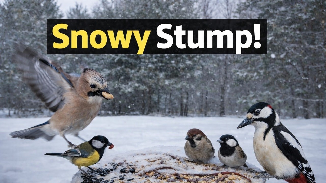 A Jay Landed on My Snowy Stump Feeder! ❄️ Cat TV Birdwatching  Calm Winter Forest No Talking