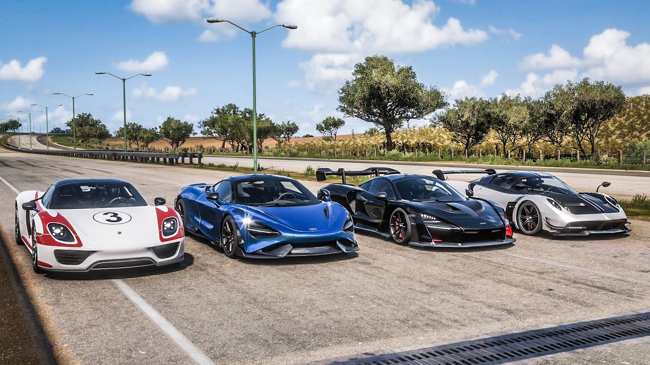 Forza Horizon 5 Drag race: McLaren 765LT vs Porsche 918 Spyder vs McLaren Senna vs Pagani Huayra BC