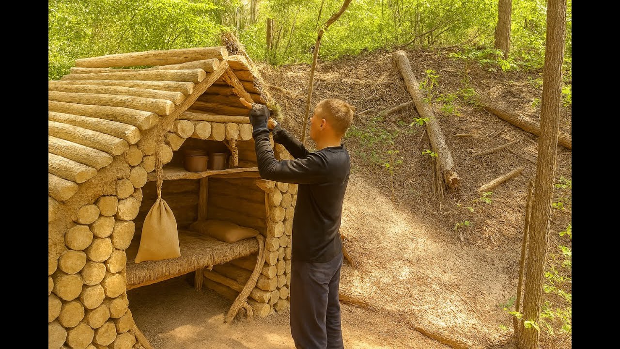 Bushcraft hut built from deadwood