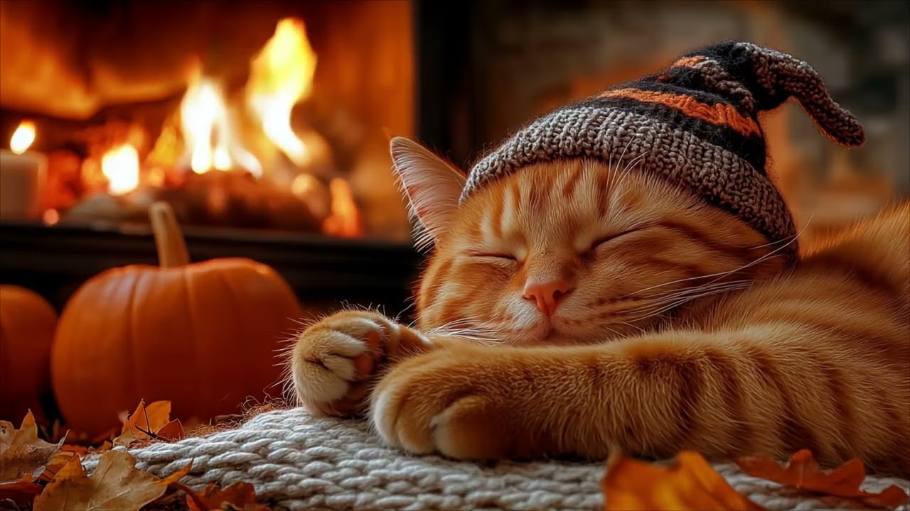 Relax With Your pet, Peaceful Jazz Music: Autumn Ambience Sleepy cat and Fireplace Crackles