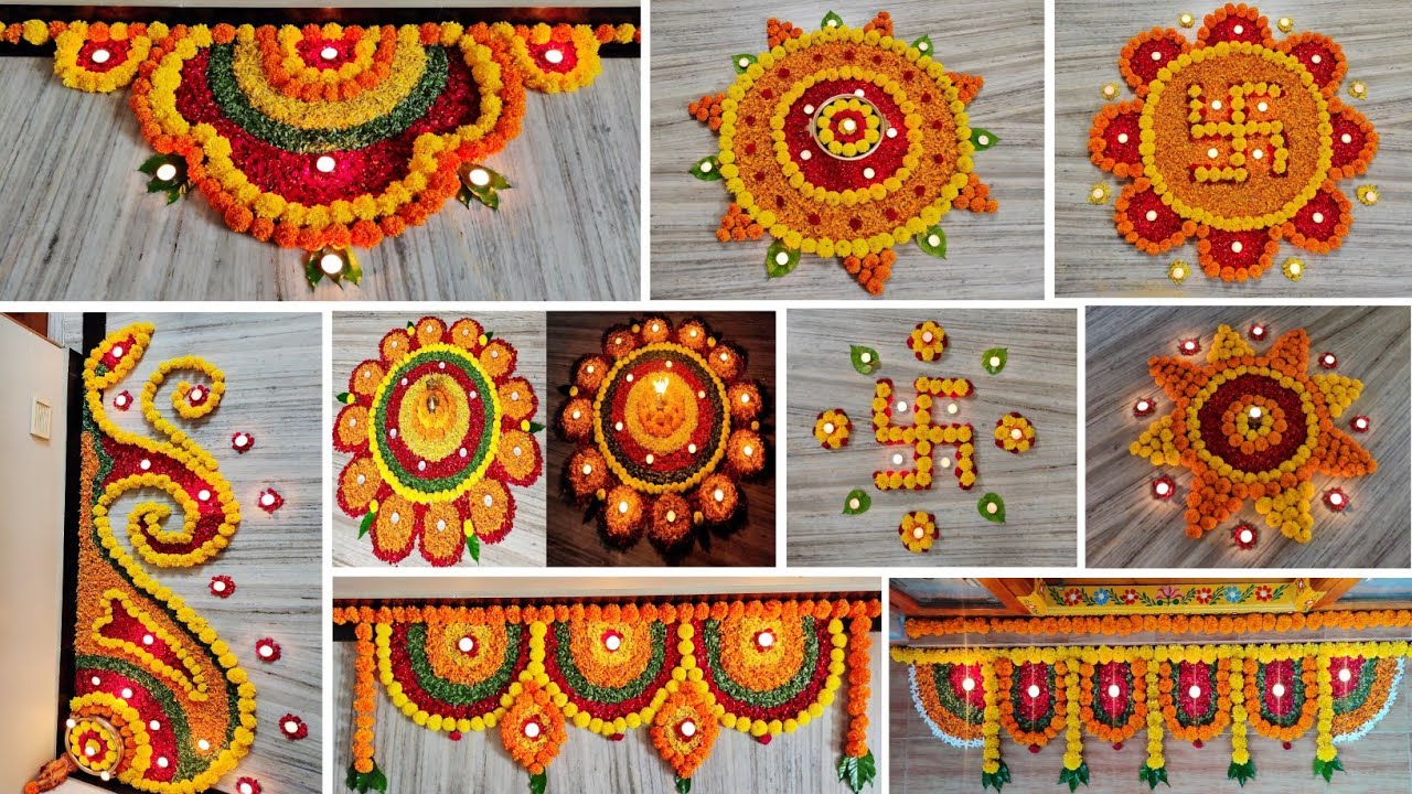 9 flower rangoli designs || Diwali flower decoration ideas || Flower Rangoli designs for Diwali.