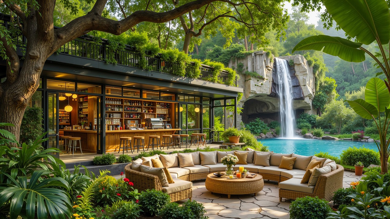Peaceful Forest Outdoor Coffee Jazz 🌿 Cozy Outdoor Lounge & Waterfall Ambience for Relaxation