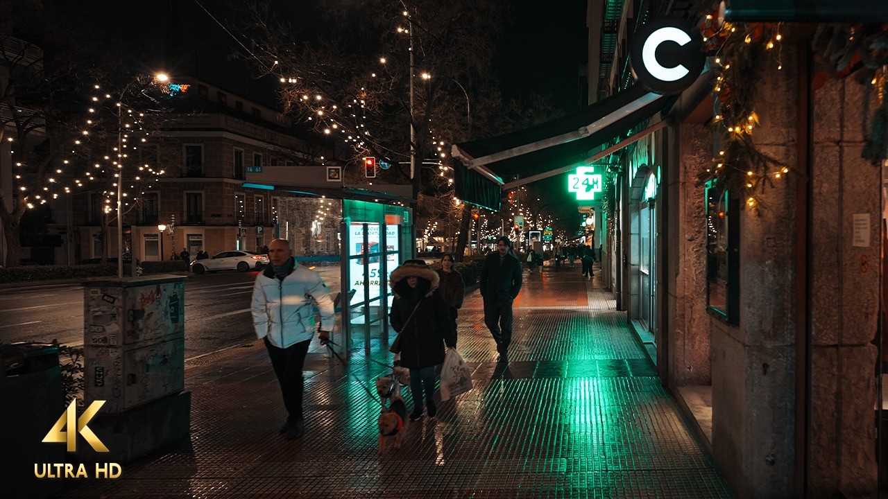 Relaxing Night Walk in Madrid &bull; 4K ASMR Binaural City Sounds Slow TV