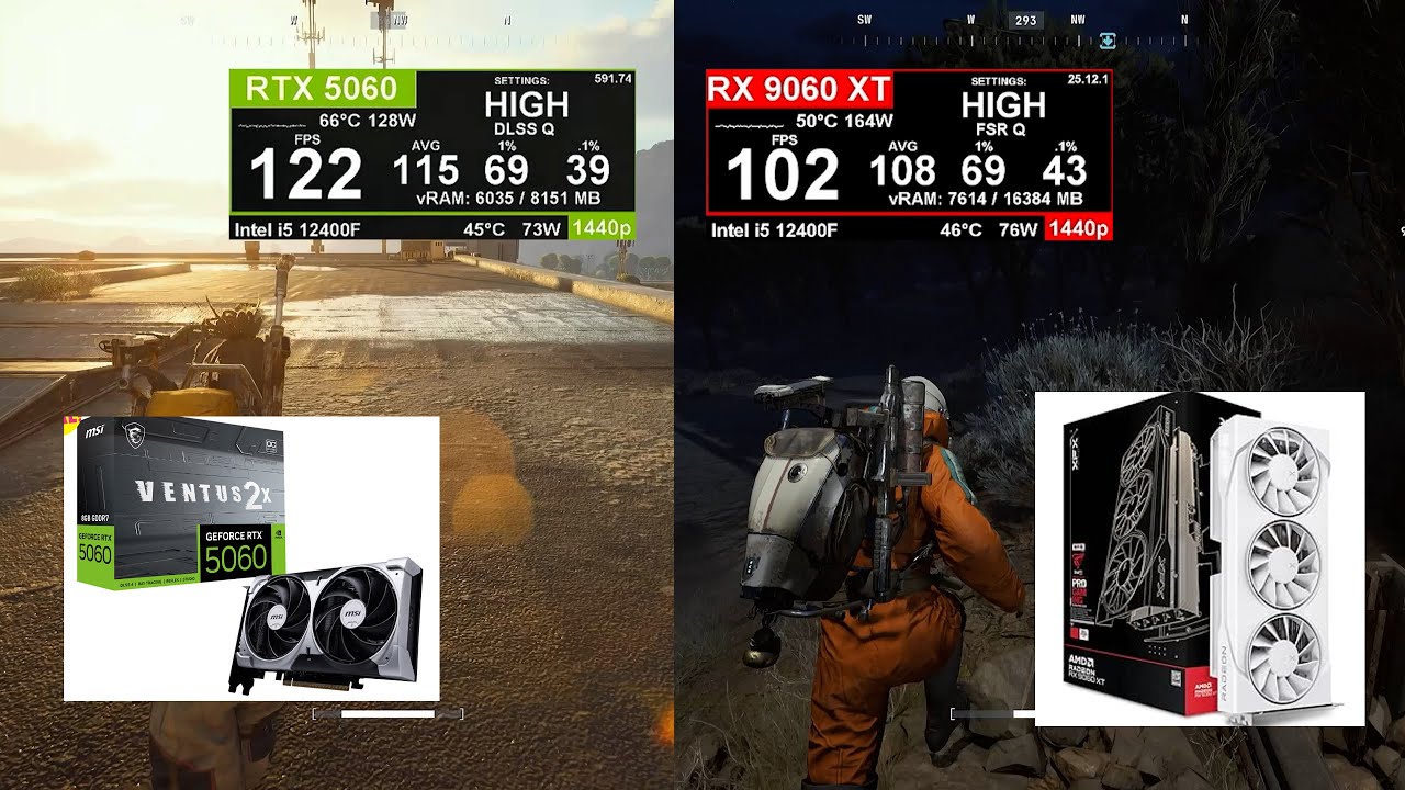 RTX 5060 vs RX 9060XT compare fps side by side Arc Raiders HIGH Ray Tracing 1440p