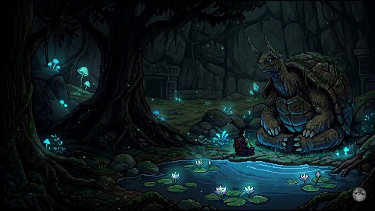 4 Hours Hidden Forest Lake Ambience (No Music) | Ancient Turtle Guardian | Pixel Art Water Sounds