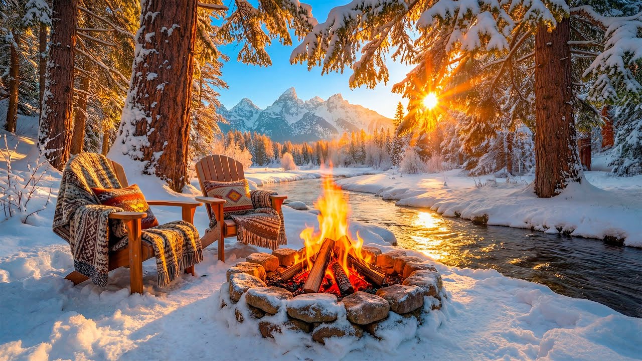 Early Morning Snowy Forest Campfire by the River ❄️🔥 Calming Fire Sounds & Nature Sounds for Sleep