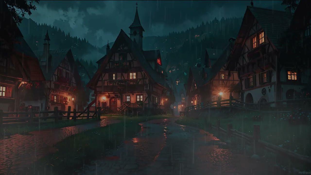 Real rain sounds and ambience, deep sleep, relaxing, studying. Medieval Village night rain, No ads.