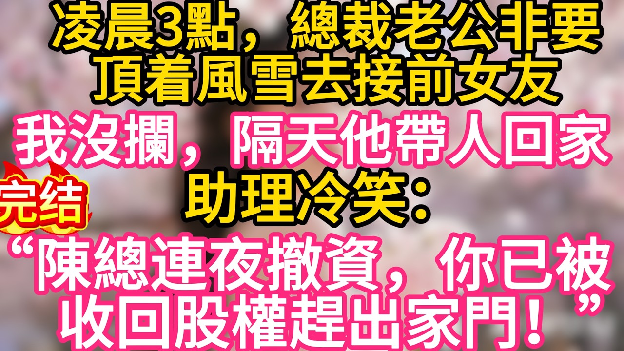 【完结】凌晨3點，總裁老公非要頂着風雪去接前女友，我沒攔，隔天他帶人回家，助理冷笑：“陳總連夜撤資，你已被收回股權趕出家門！”#故事#言情小說#一口氣看完#爽文