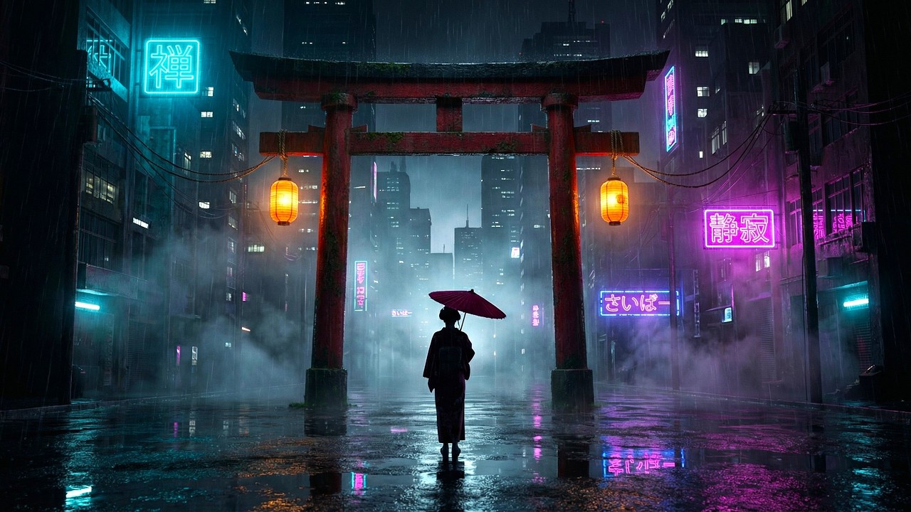 Kimono Girl at the Cyberpunk Torii Gate 🌧️⛩️ | Japanese Lofi BGM for Study & Deep Focus — 4K