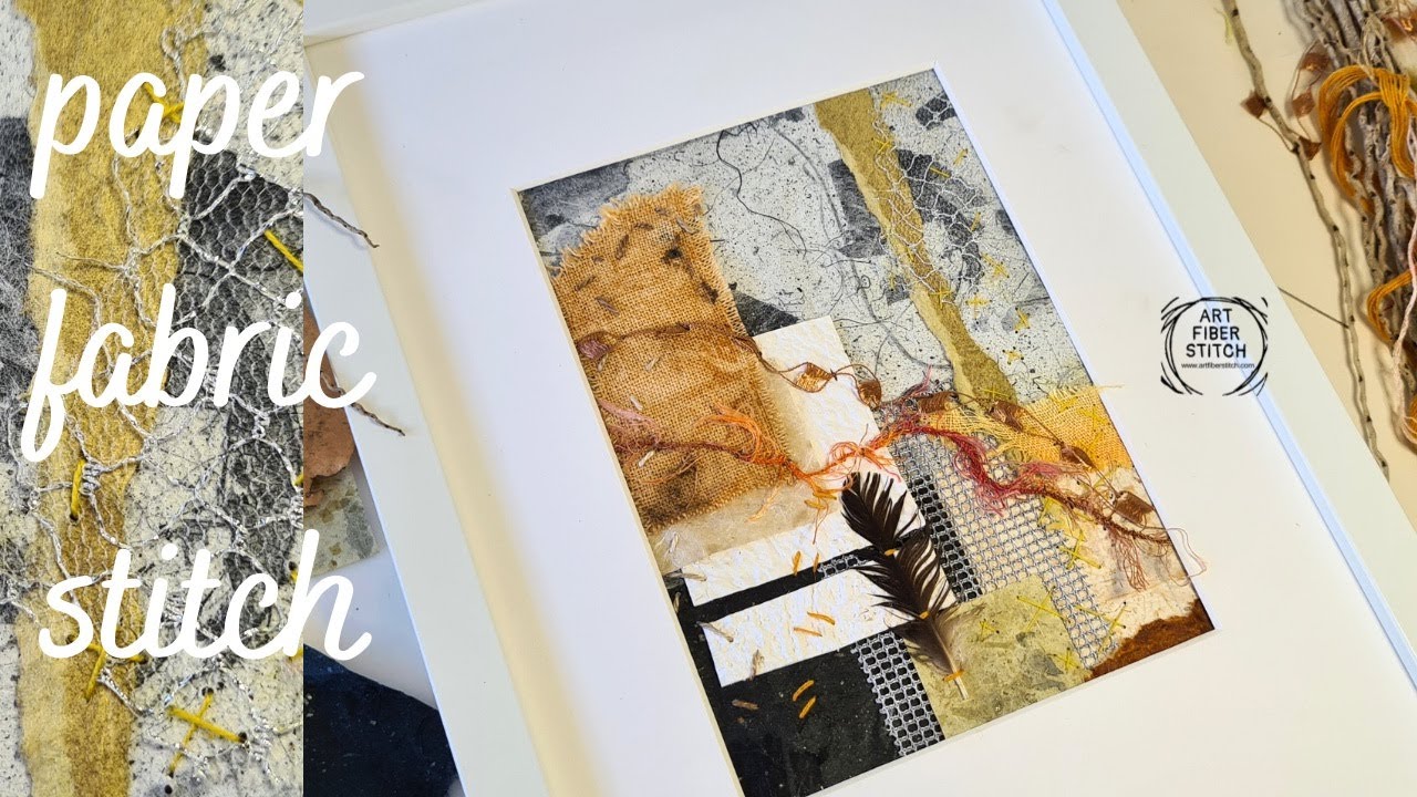 Handmade art mixed media collage using paper, fabric and stitch.