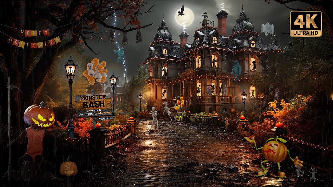 Monster Bash Halloween Party Ambience with Halloween Music, Spooky Sounds, Rain & Thunder | 4K 🎃👻💀