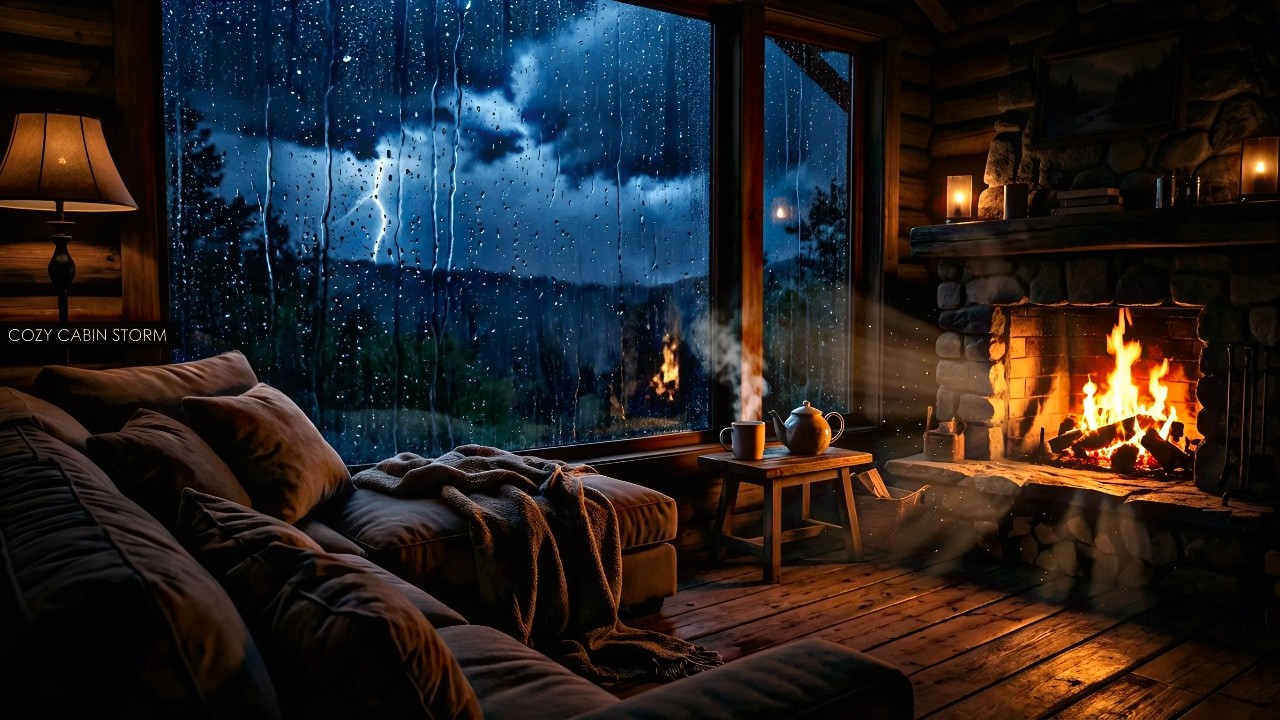 Ultimate Sleep 🌧️🔥 Crackling Fireplace & Heavy Rain in a Cozy Cabin