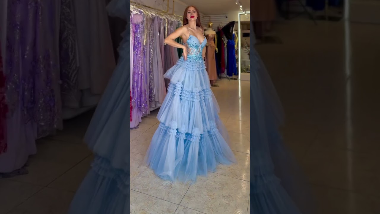 Season of ruffles #a1247 blue layered ball gown #promdress #bluedress