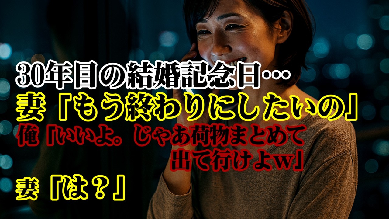 【離婚】30年目の結婚記念日…妻「もう終わりにしたいの」俺「いいよ。じゃあ荷物まとめて出て行けよｗ」妻「は？」妻は顔面蒼白で崩れ落ち発狂…【シタ妻】