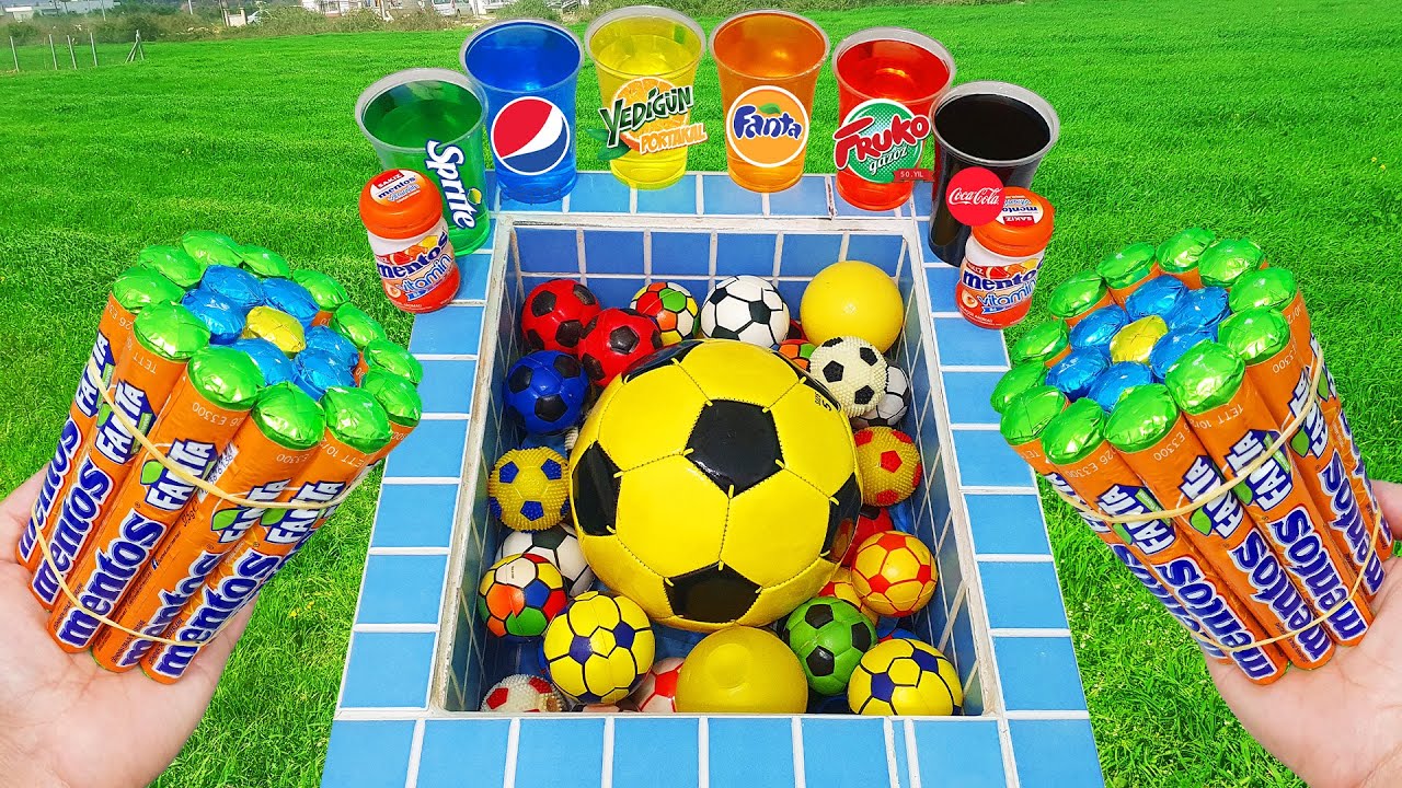 Pool Experiment Pepsi Cola of Fanta vs Footballs Popular Sodas Colorful Sugars Coca Cola And Mentos