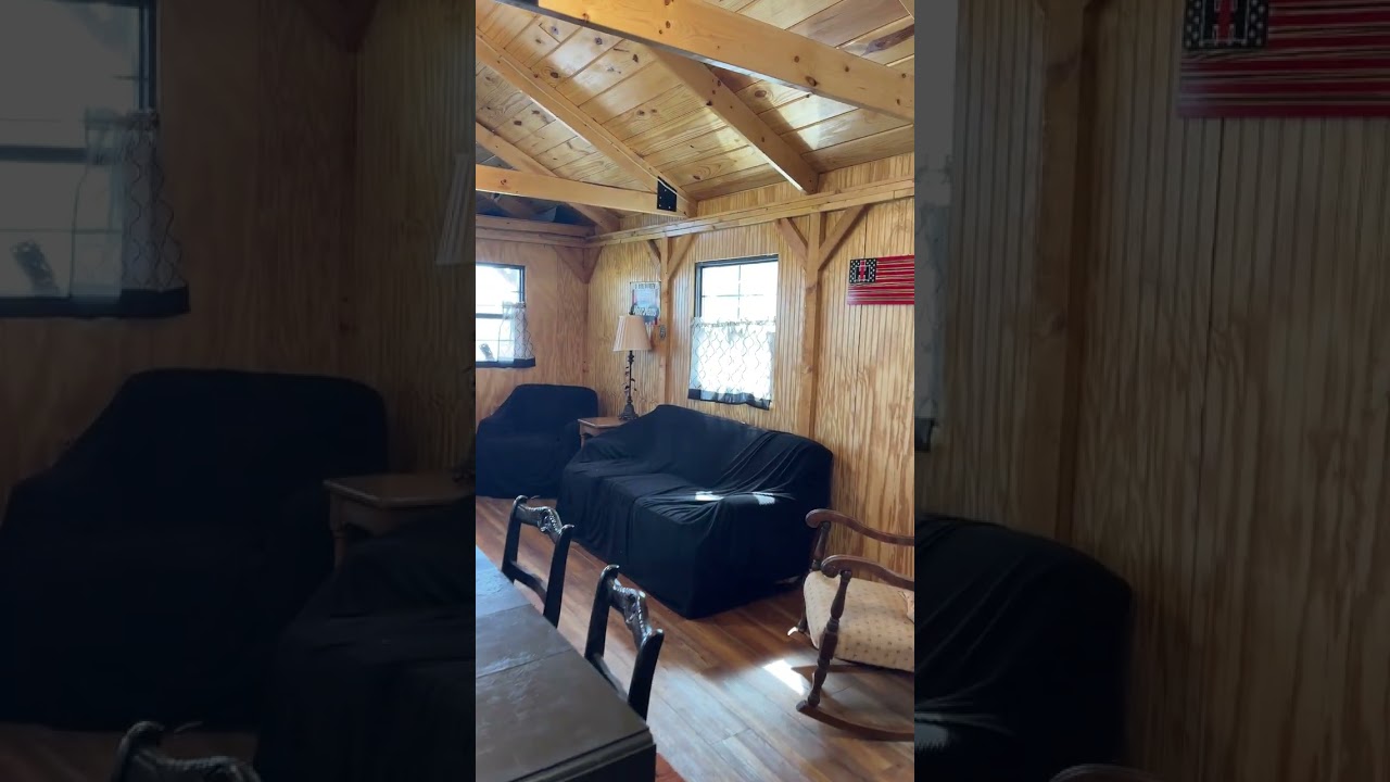 Cabin by the Pond walk through - portable, prebuilt shed cabin ideas