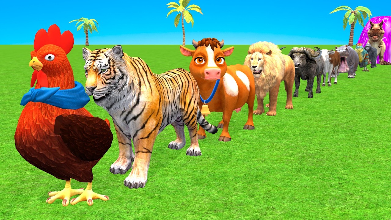 Ultra Long slide game With Cow Elephant Gorilla Hippopotamus Tiger 3d Animal Game Funny 3d Animals