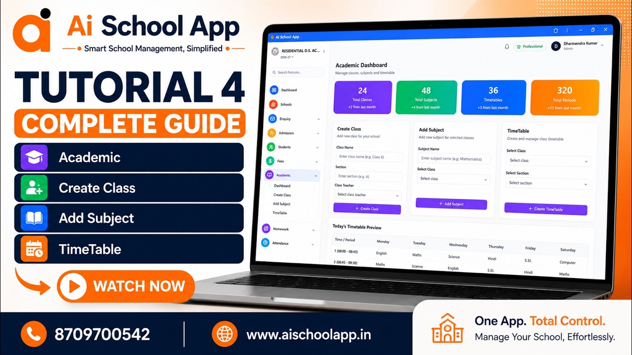 AI School App Tutorial 4 | Create Class, Add Subject & Timetable Complete Guide