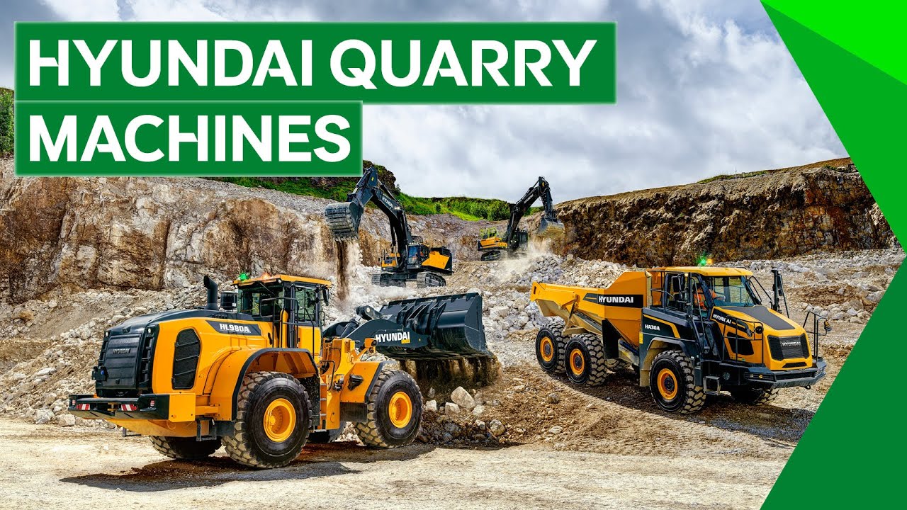 Hyundai Excavator, Dump Truck, and Wheel Loader working on a Quarry Face