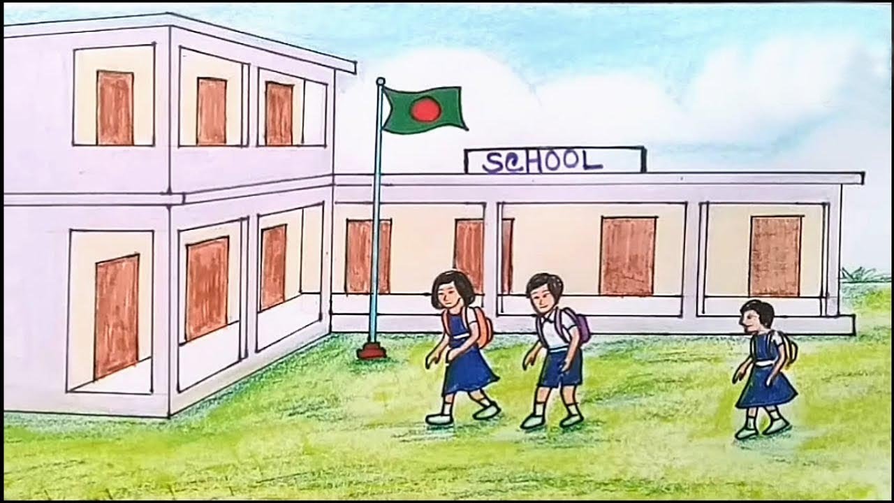 How to draw scenery of school step by step
