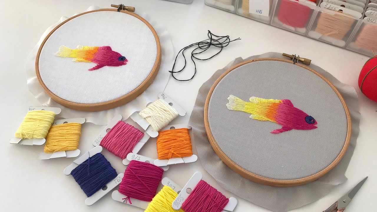 Short and long stitch. Color blending. Part 1. Fish hand embroidery stitch along. Embroidery design