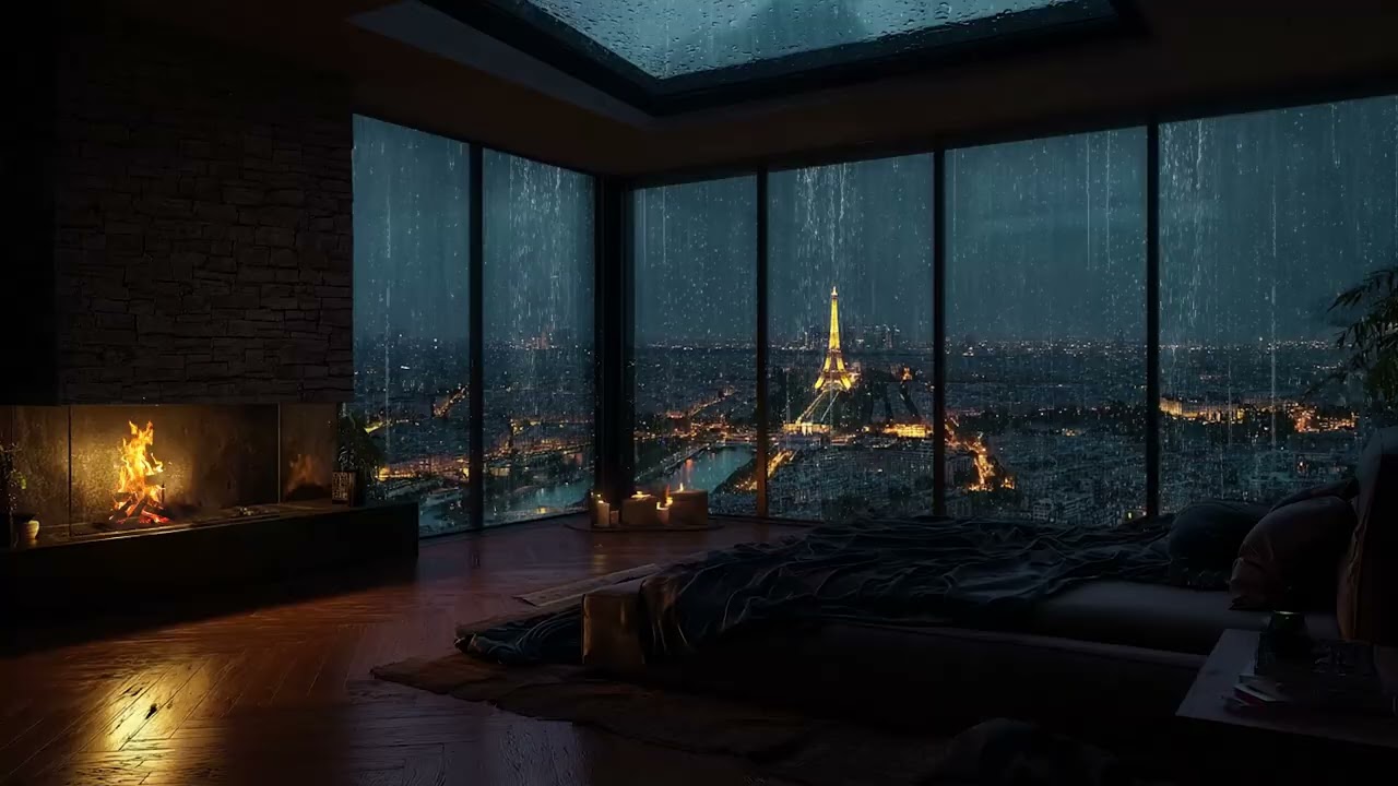 (No Ads) Paris Rain Outside Window 🌧️ Fireplace Ambience for Insomnia