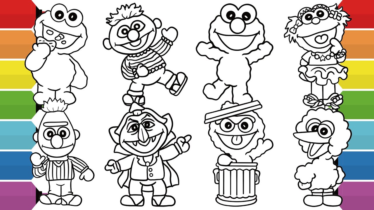 All Sesame Street Characters Coloring Pages | Elmo, Cookie Monster, Ernie, Bert, Big Bird & Zoe