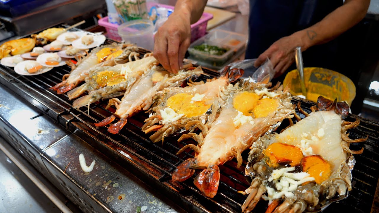 рай с морепродуктами! гигантский омар и креветки на рынке морепродуктов | Уличная еда Таиланда