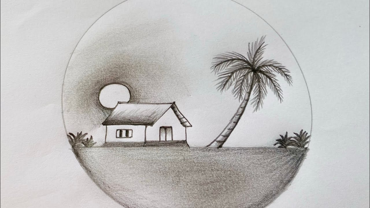 Village Scenery Drawing / Moonlight Night Scenery Drawing / How To Draw Night Scenery