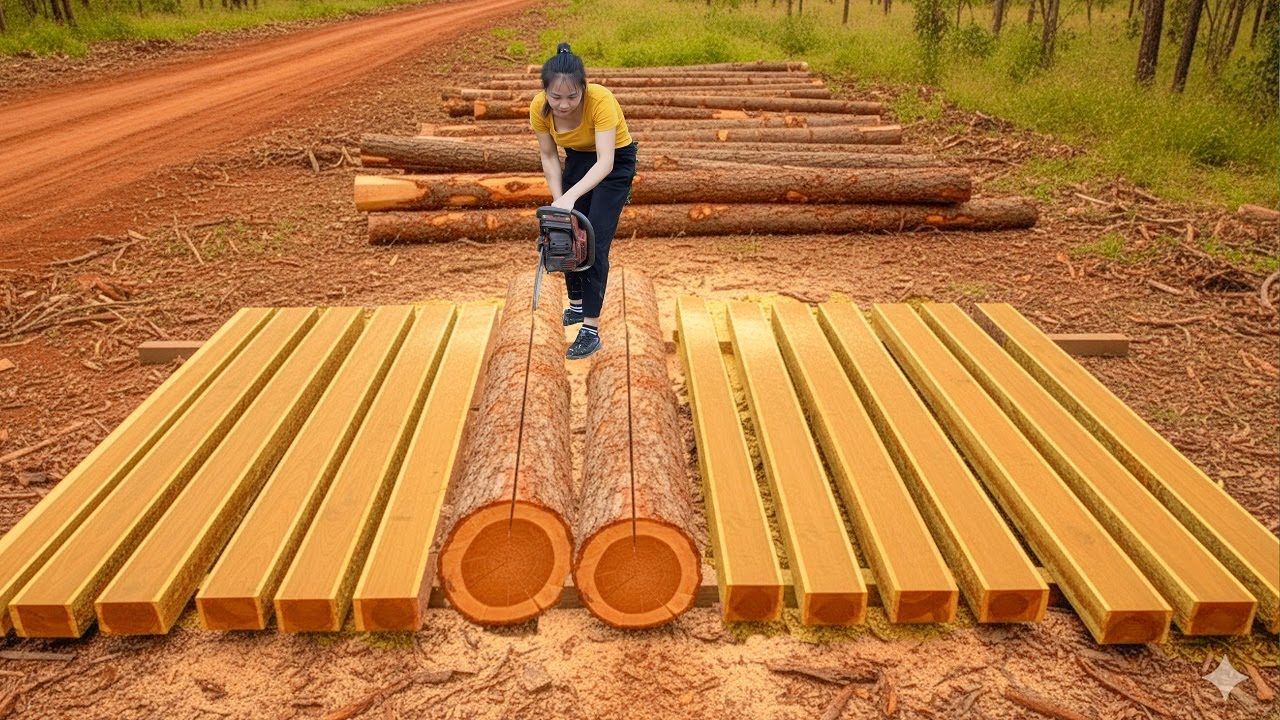 Preparing to build a New House: The genius girl saws wood herself