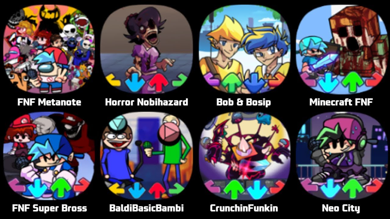 FNF Saitama, FNF Fire, FNF Minecraft Mobs, FNF Nobita's Biohazard, FNF Bob, FNF Impostor v5