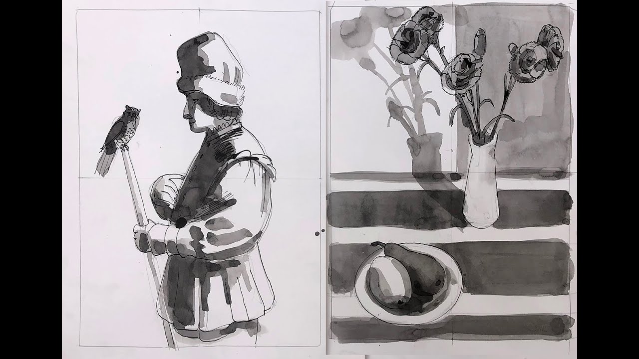 Zoom Drawing #09 March 21 with Ewen Duncan, wash with pen and ink
