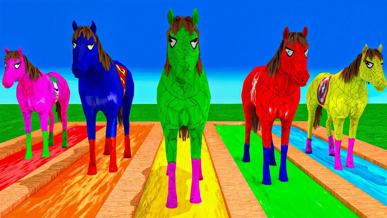 RED HORSE SPIDERMAN CROSSING FOUNTAIN ON RAINBOW SPIDERS BRIDGE AGAINST SHARKS RESCUE ANIMALS GAME