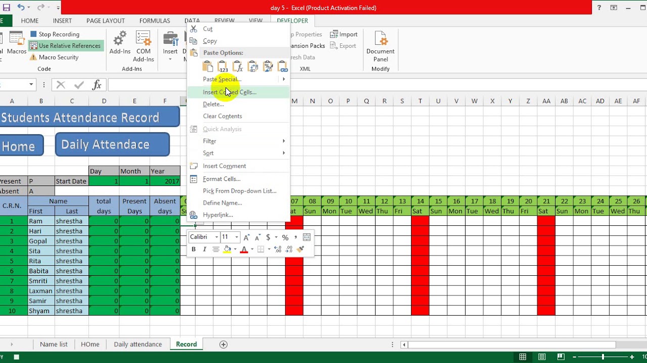 MS Excel: Record Macro using Relative References